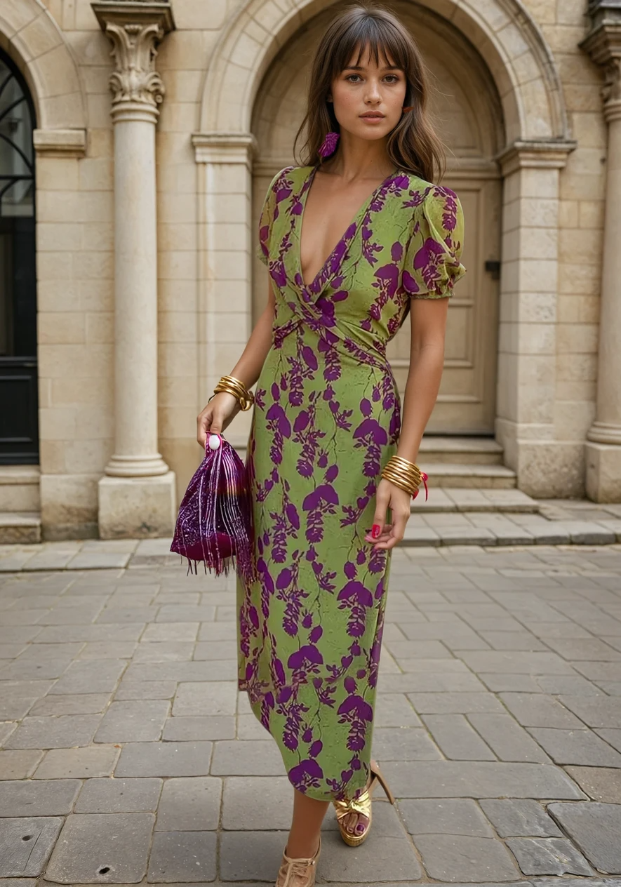 Vestido Carina - Vestido Largo de Mujer con Estampado Floral, Escote en V y Manga Corta – Elegancia y Comodidad