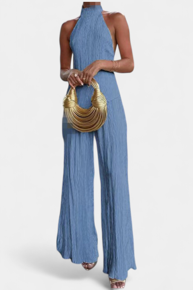 Pilar Conjunto Elegante Plisado de Top Asimétrico y Pantalón Fluido
