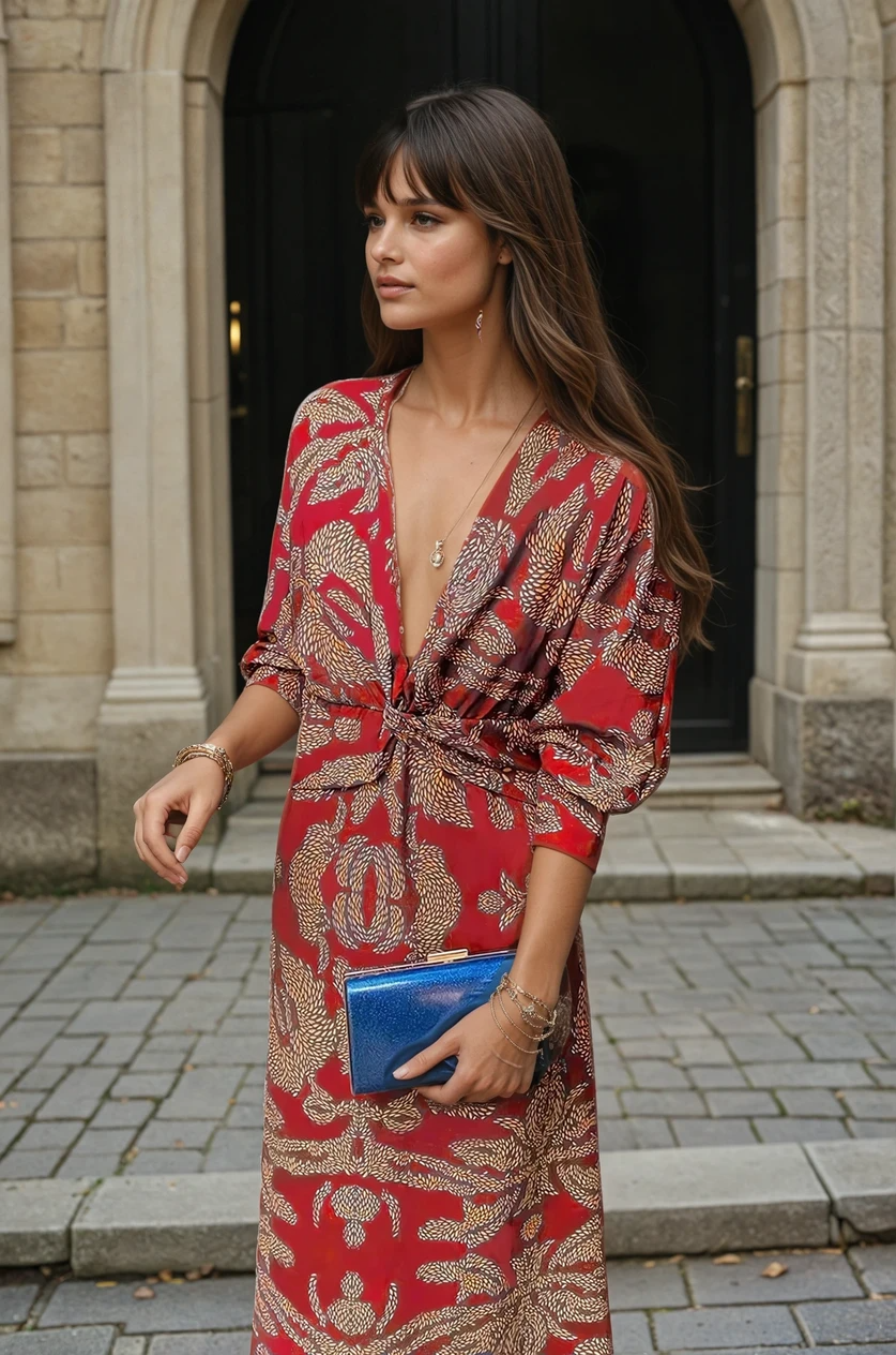 Vestido Midi Sandra - Vestido con escote en V de manga larga para eventos y celebraciones