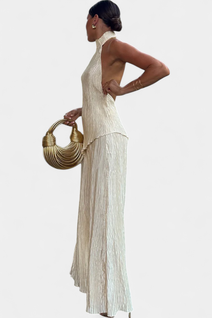 Pilar Conjunto Elegante Plisado de Top Asimétrico y Pantalón Fluido