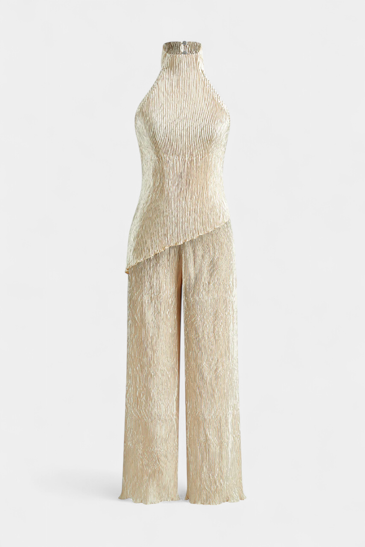 Pilar Conjunto Elegante Plisado de Top Asimétrico y Pantalón Fluido