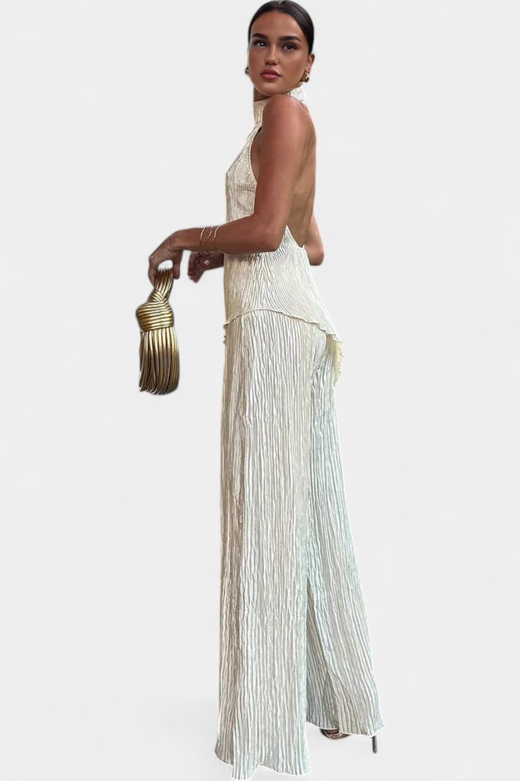 Pilar Conjunto Elegante Plisado de Top Asimétrico y Pantalón Fluido