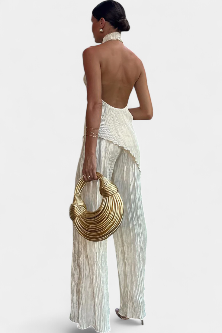 Pilar Conjunto Elegante Plisado de Top Asimétrico y Pantalón Fluido