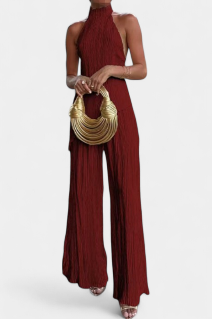 Pilar Conjunto Elegante Plisado de Top Asimétrico y Pantalón Fluido