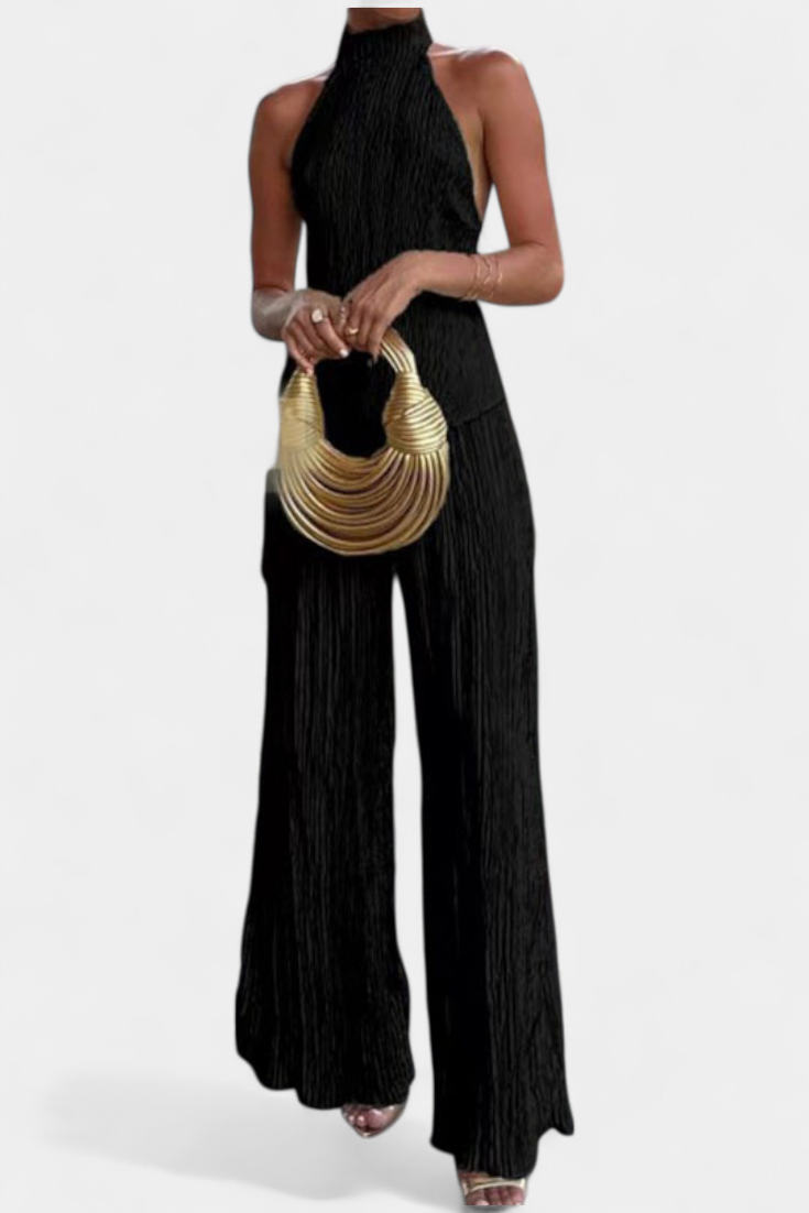 Pilar Conjunto Elegante Plisado de Top Asimétrico y Pantalón Fluido