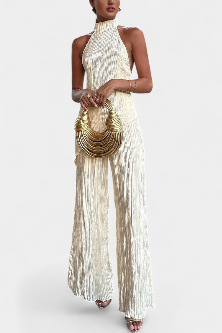 Pilar Conjunto Elegante Plisado de Top Asimétrico y Pantalón Fluido